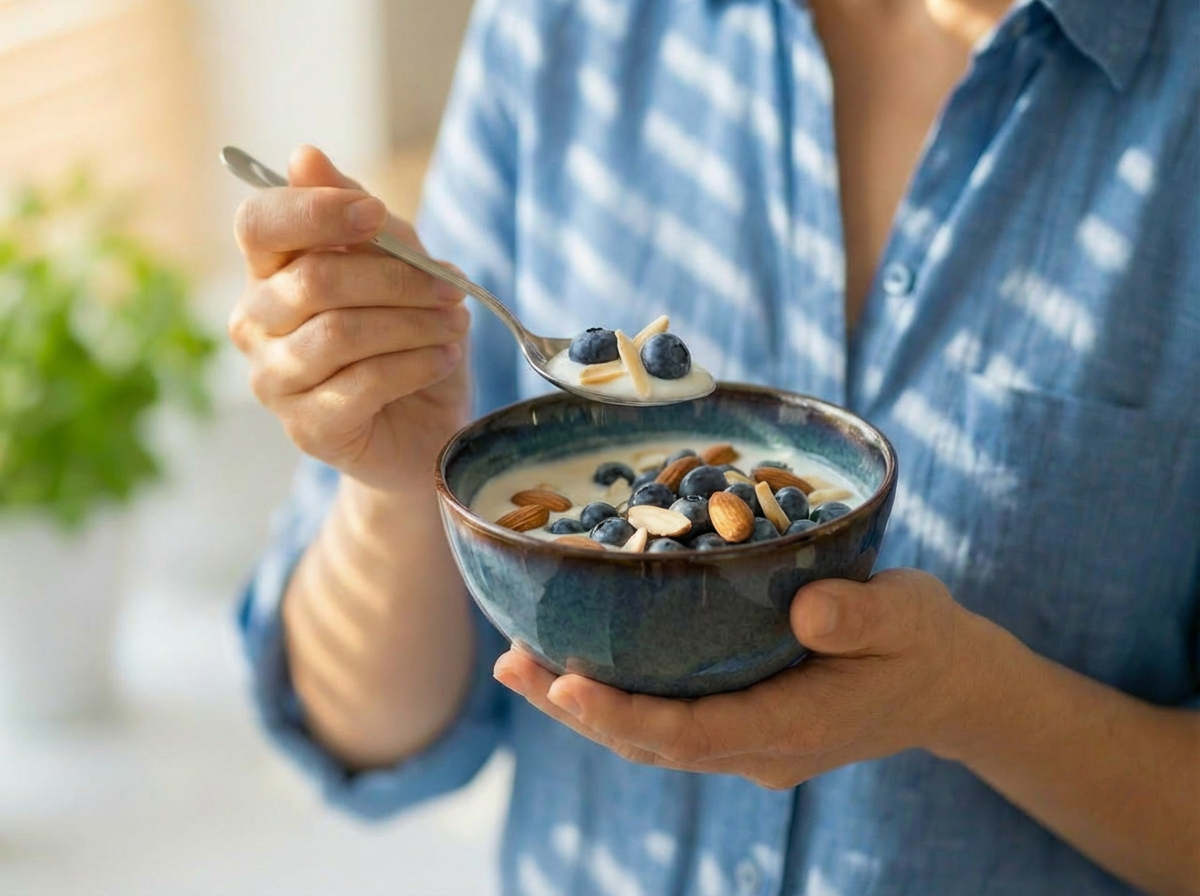 Ein Mensch mit einer Müslischale in der Hand. Auf dem Löffel ist Müsli und Heidelbeeren zu sehen.